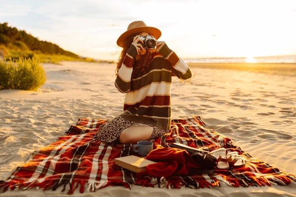 young-woman-beach-vintage-camera-picnic-600nw-2438745601